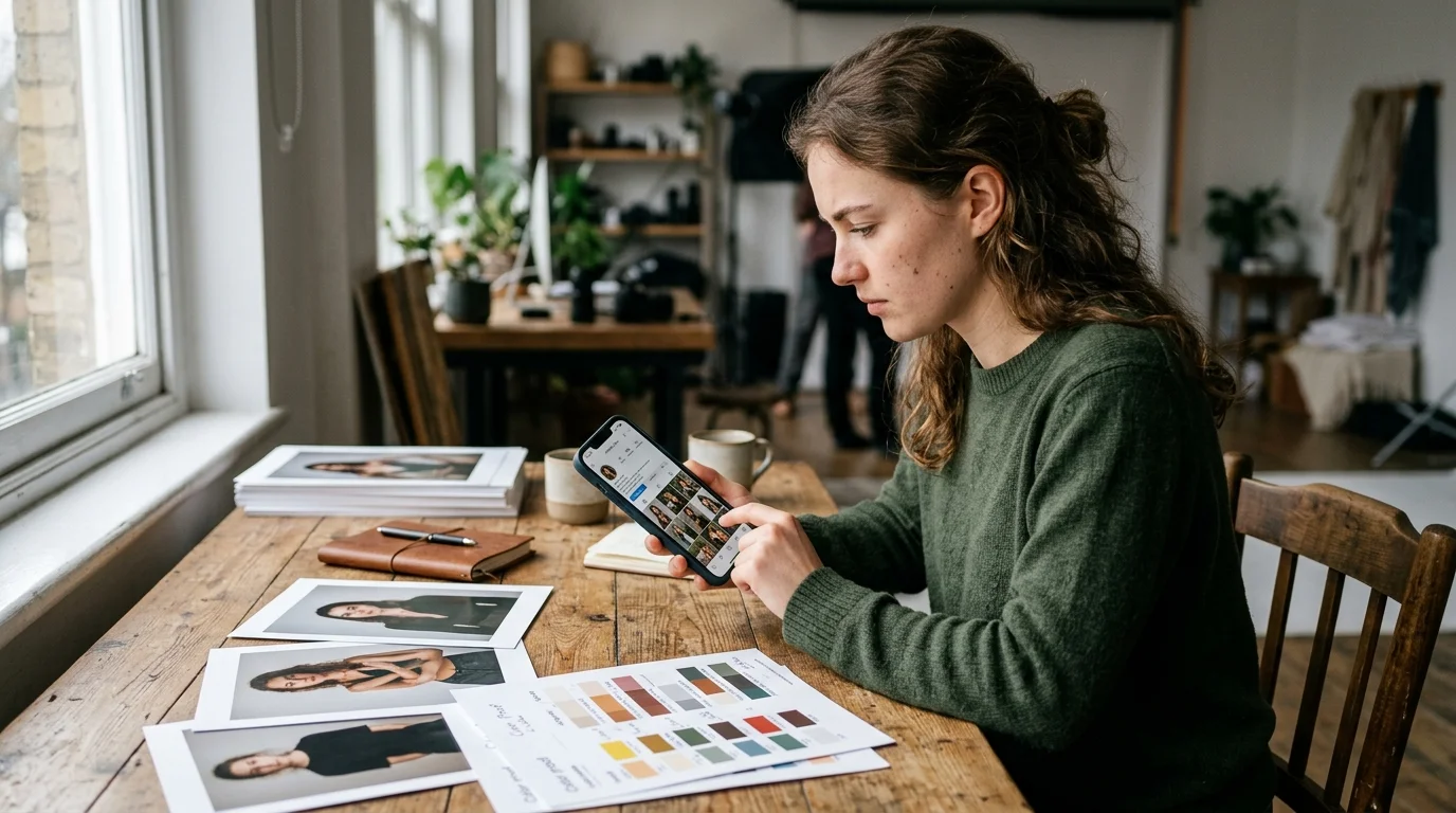 A model reviews her own Instagram profile on a phone while sitting beside printed test shots.