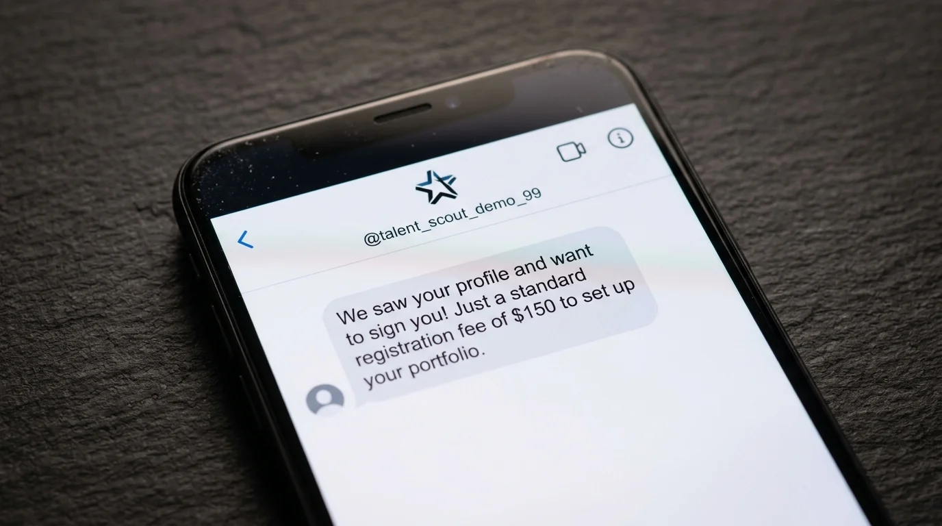 A phone showing an unsolicited direct message from an account claiming to be a talent scout.