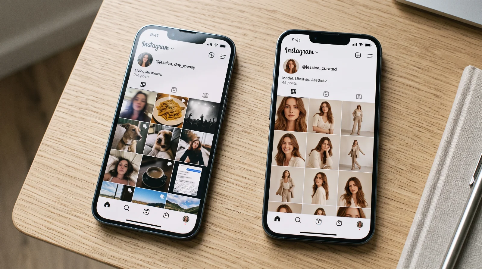 Two phone screens side by side showing a cluttered mixed Instagram grid next to a clean consistent one.