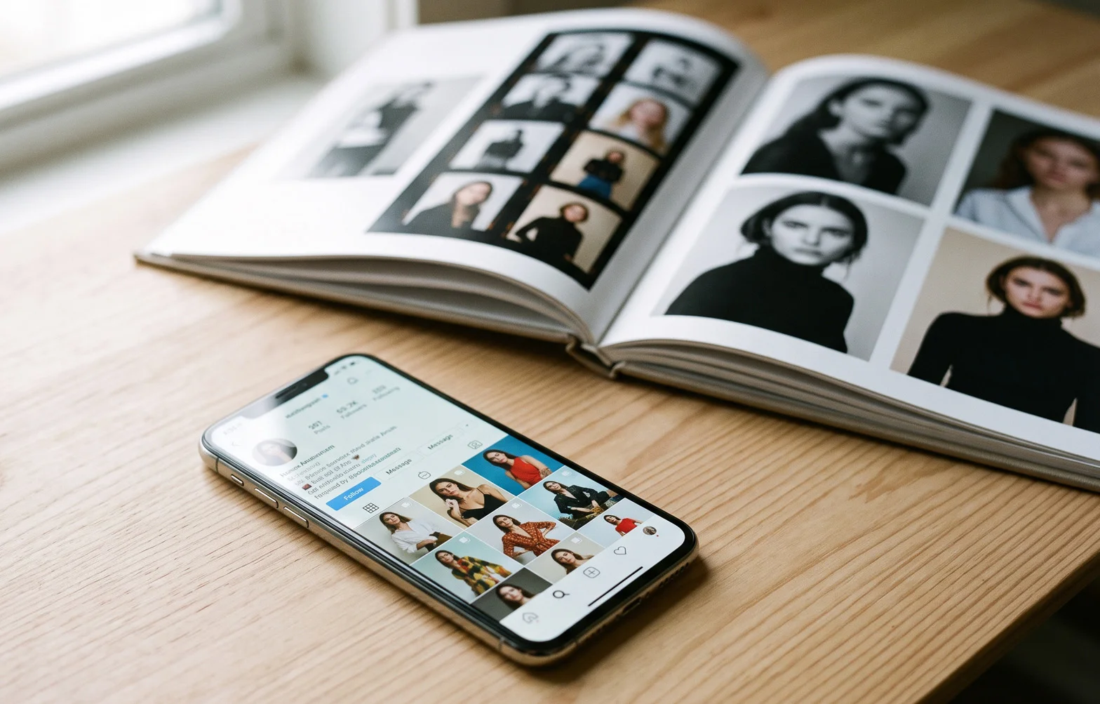 A phone held up showing a model's Instagram profile grid, with a portfolio print and contact sheet on the desk behind it.