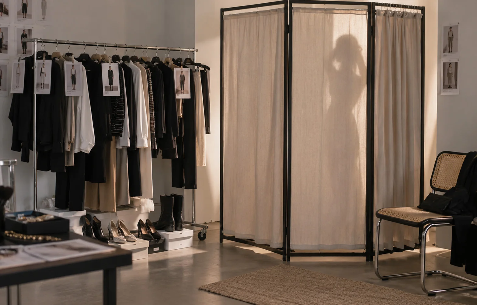 A screened private changing corner in a studio, with a garment rack and a chair beside it.