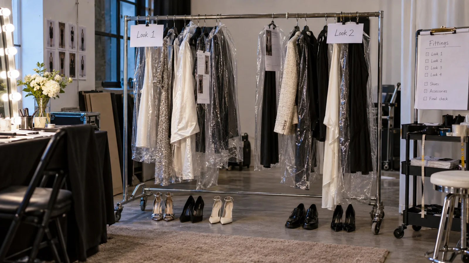 A rolling rack of garment bags and labelled looks in a studio wardrobe area, with shoes lined up beneath.