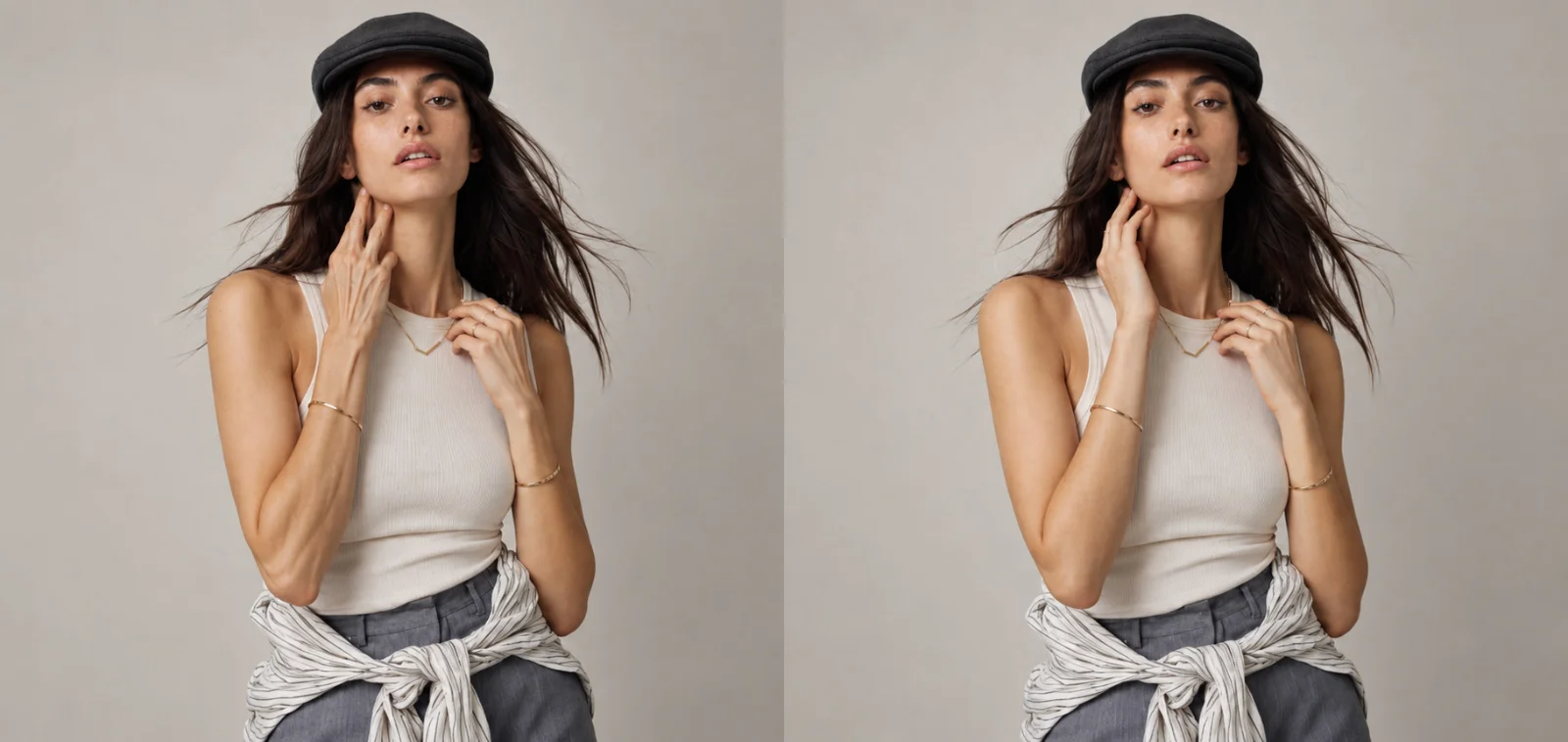Two frames side by side of the same model, one with tense splayed fingers and one with a relaxed natural curve in the hand.