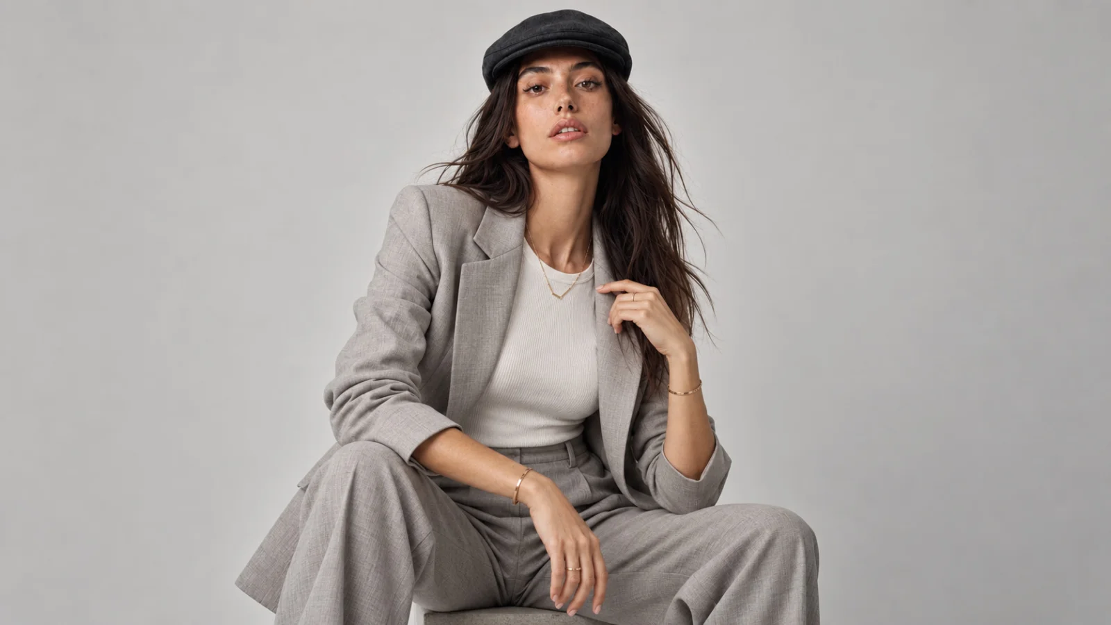 A seated model rests one forearm across her knee while the other hand holds a jacket lapel between two fingers.